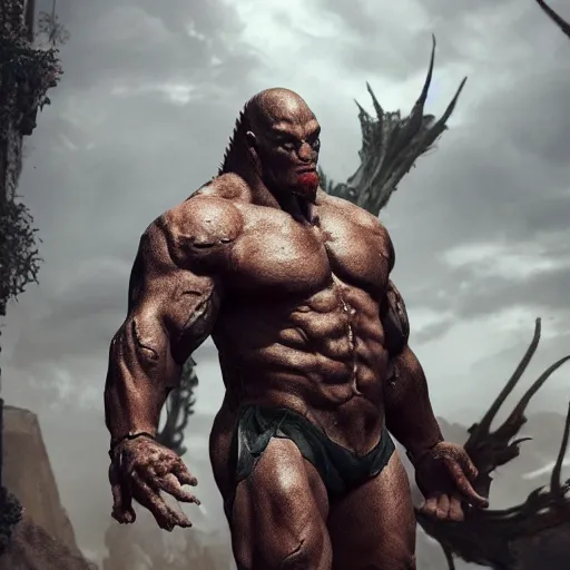 Image similar to 5 meters tall muscular dragon armored giant man in shorts, high definition movie, photorealistic detail, futuristic production, adventure movie, 8 k
