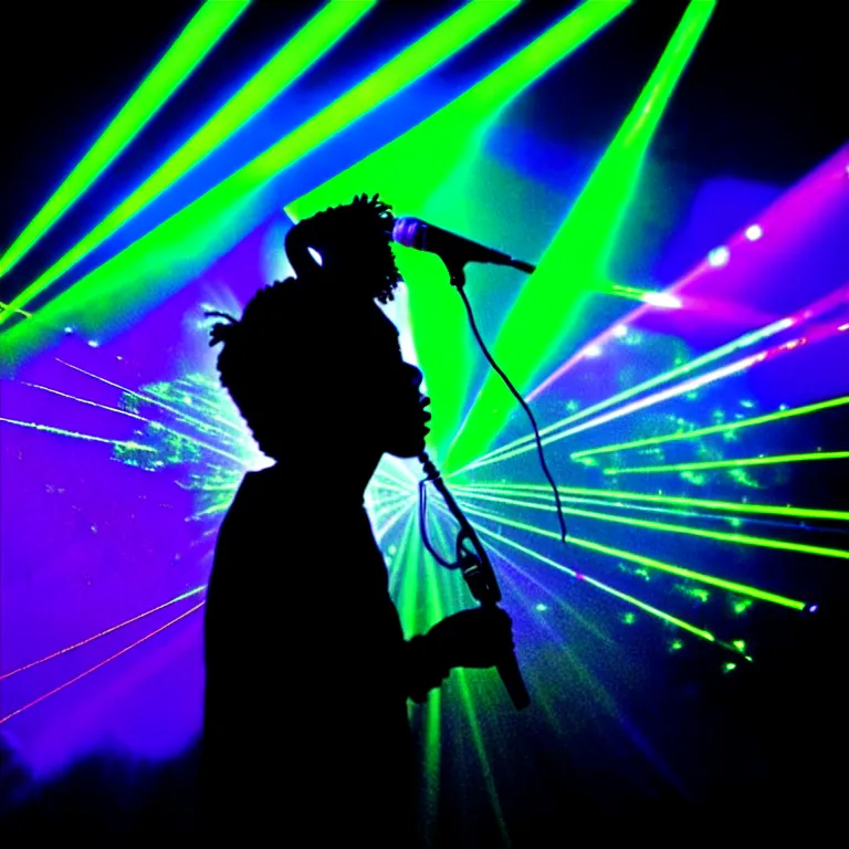 Prompt: rapping with microphone, epic angle, profile view, silhouetted, distinct, psychedelic hip-hop, laser light show, beams of light