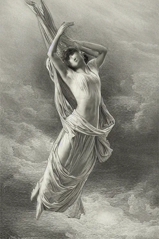 Image similar to dancer in the wind by gustave dore, retrofuturism, reimagined by industrial light and magic