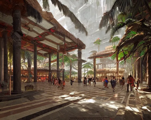 Prompt: a mall in the style of precolombian mayan cities, art by greg rutkowski and artgerma, stunning concept art, interior design architecture