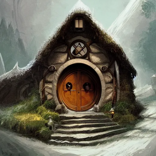 Prompt: The house of the Hobbit Bilbo Baggins, highly detailed, digital painting, artstation, concept art, smooth, sharp focus ilustration, Artstation HQ