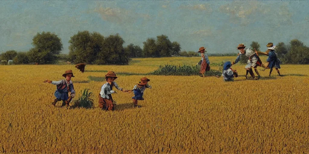 Prompt: The children of scarecrow playing in full ripened fields by James Gurney
