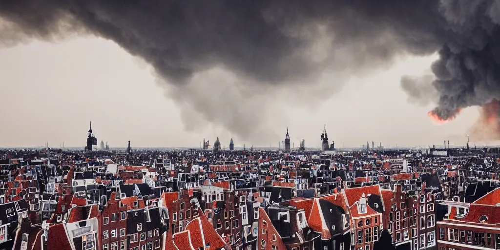 Image similar to the rooftops of amsterdam during a catastrophic fire. moody dark skies lit up by fire. photography