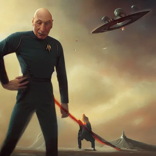 Prompt: Jean Luc Picard violently murdering an alien from Star Trek, highly detailed, digital painting, artstation, concept art, smooth, sharp focus, illustration by Artgerm and Greg Rutkowski and Tom Bagshaw