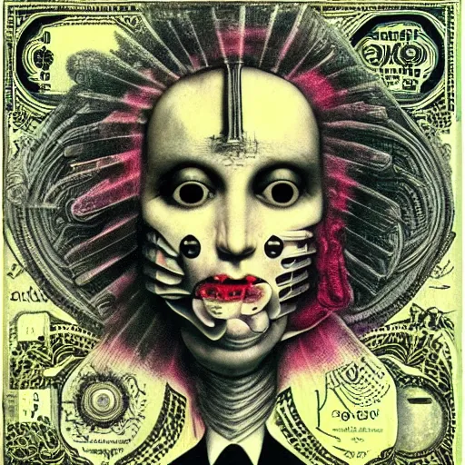 Image similar to post - punk new age album cover, asymmetrical design, dollar bank notes, capitalism, magic, apocalypse, psychedelic, black white pink, magic, giger h. r., giuseppe arcimboldo