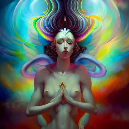 Prompt: psychedelic angelic celestial being artwork of peter mohrbacher, ayahuasca, energy body, sacred geometry, esoteric art, rainbow colors, realist, abstract and surreal art styles with anime and cartoon influences divinity