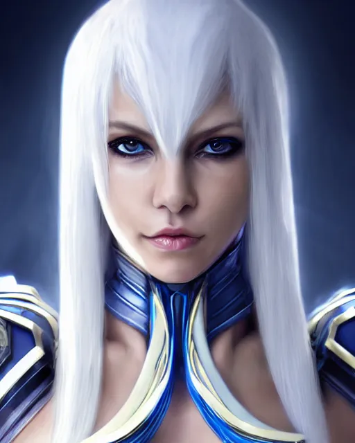 Image similar to perfect white haired attractive egyptian goddess, warframe armor, beautiful, symmetric, dreamy, half asian, pretty face, blue eyes, charlize theron, detailed, scifi platform, laboratory, experiment, 4 k, ultra realistic, epic lighting, android body, illuminated, cinematic, masterpiece, art by akihito tsukushi, voidstar