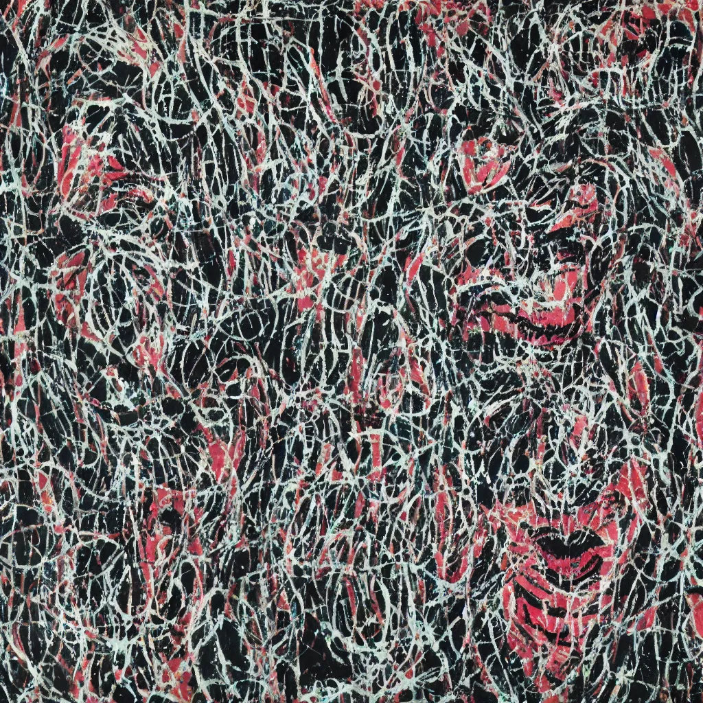 Image similar to camo made of teeth, smiling, abstract, francis bacon artwork, cryptic, dots, spots, stipple, lines, splotch, color tearing, pitch bending, faceless people, dark, ominous, eerie, hearts, minimal, points, technical, old painting, neon colors, folds