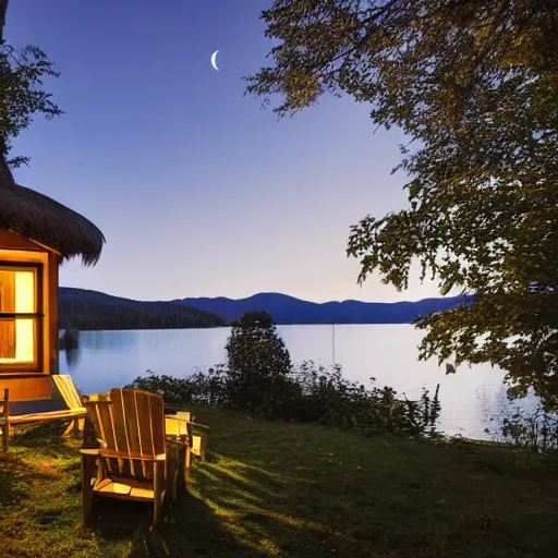 Image similar to A cottage with a big picture window light up by a lake Surrounded by trees and mountains in the background and beach chairs and trees in the foreground at night