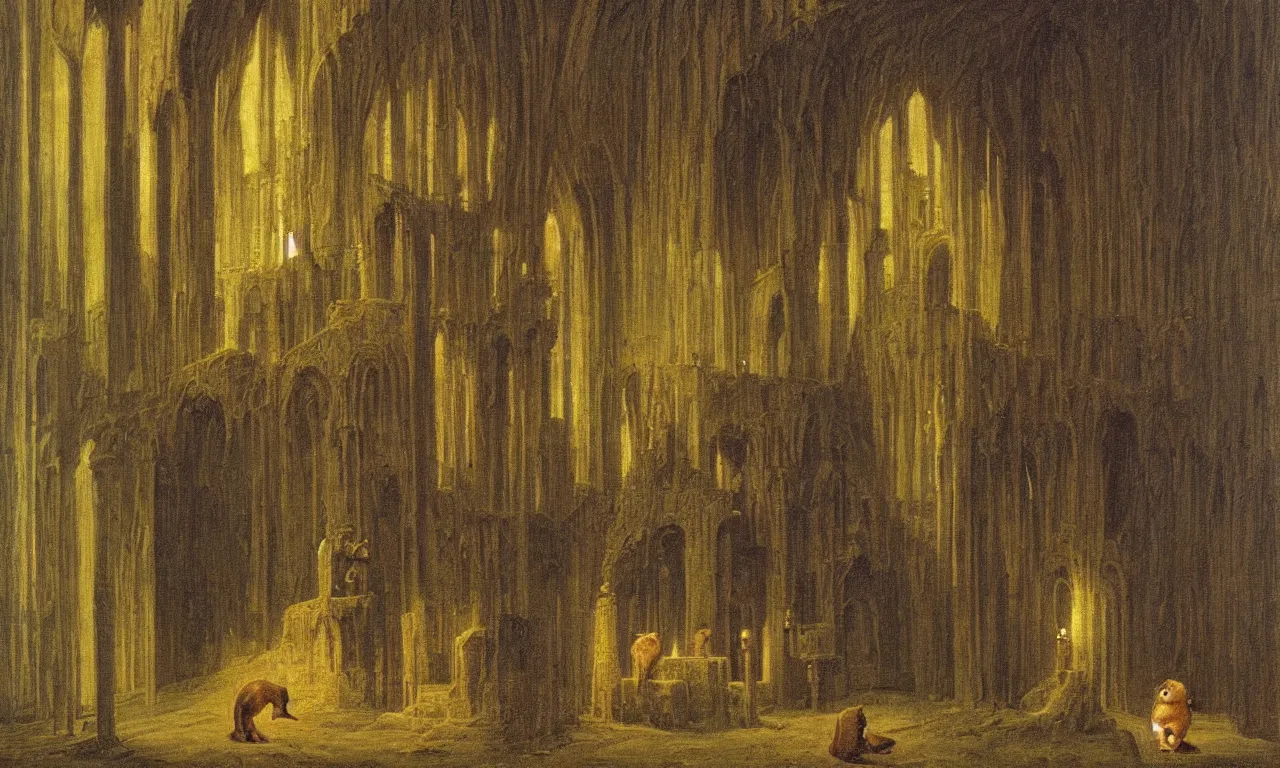 Image similar to a hamster gives a sermon in a matchstick cathedral caspar david friedrich oil painting