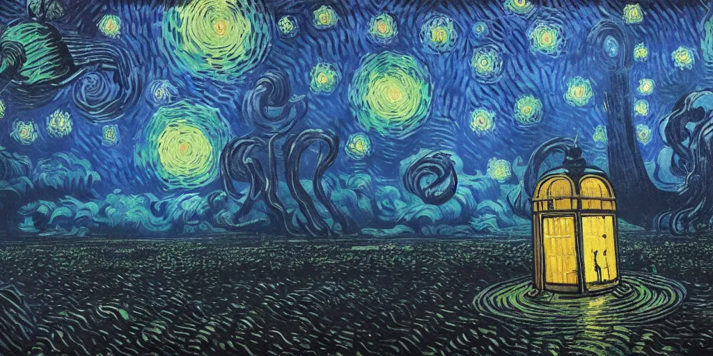 Image similar to outer space with eldritch terror in the middle of composition, cosmic horror, ultra realistic, highly detailed, HD, sharp focus, cinematic lighting, realistic, vivid colors, oil painting, non blurry, sharp, art by van Gogh