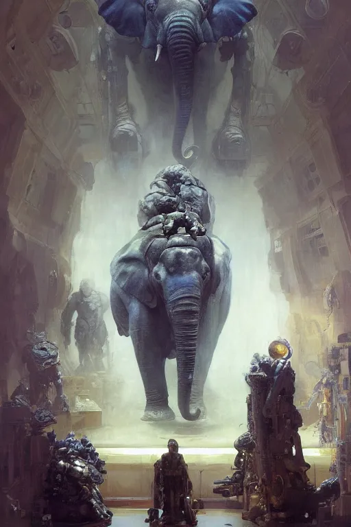 Prompt: scientists in a laboratory observe an elephantine extraterrestrial wearing armour, painted by ruan jia, raymond swanland, lawrence alma tadema, zdzislaw beksinski, norman rockwell, jack kirby, tom lovell, alex malveda, greg staples