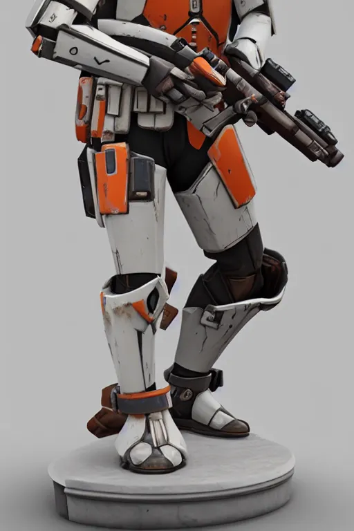 Image similar to mandalorian overwatch echo style statue made of white and orange marble standing, 3 d render, octane render, unreal engine, overwatch, detailed, dynamic light, beautiful, rococo, accents of red