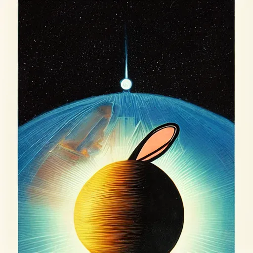 Image similar to A rabbit full of hope, looking for a black hole in an infinite time loop by Vincent Di Fate