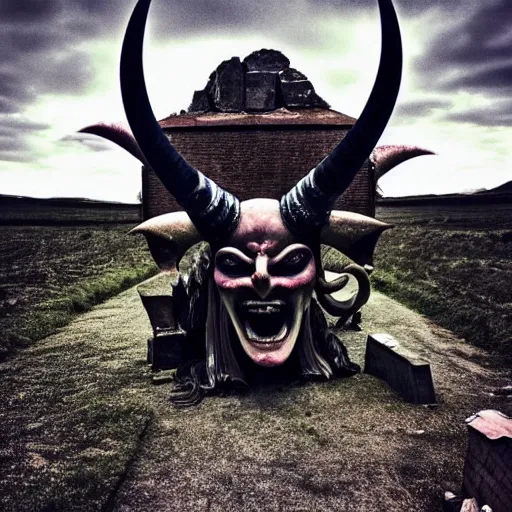 Prompt: Photo taken in the 2000's of a smiling demon with four horns and four wings, photorealistic, film still, desolate, terrifying, weird, strange, odd, uncanny, hyper realism, highly detailed, photorealism, smooth gradients, high contrast, photorealistic