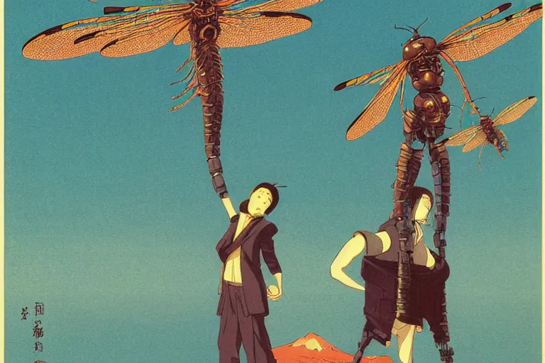 Image similar to gigantic dragonflies with human faces catch tiny robots, a lot of exotic mechas robots around, human heads everywhere, risograph by kawase hasui, dirtyrobot, edward hopper, satoshi kon and moebius, colorful flat surreal design, super - detailed, a lot of tiny details, fullshot