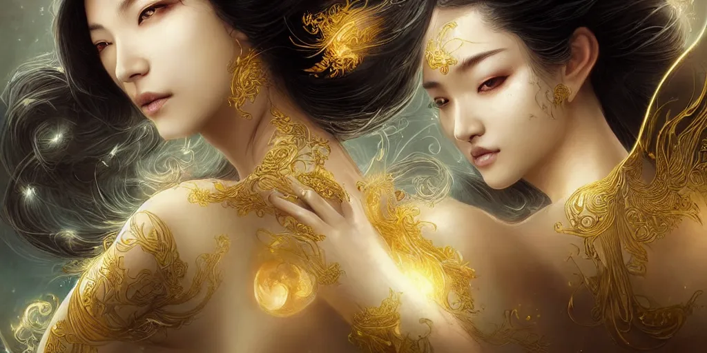 Image similar to asian nymph goddess, of bliss flowing golden silk twisting with elegant tattoos of cursive golden inked sigils on her opalescent skin, fantasy, intricate, very beautiful, elegant, golden light, highly detailed, art by artgerm and greg rutkowski and peter mordenbacher