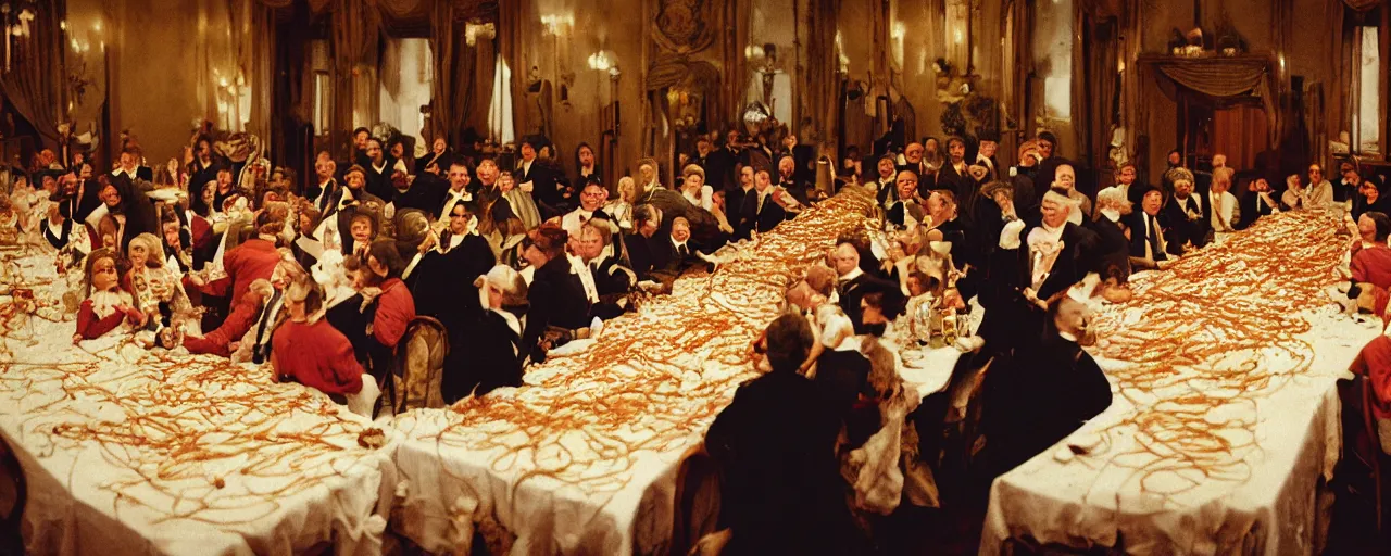 Image similar to a long banquet table covered in spaghetti, victorian era, excited guests, detailed expression, canon 5 0 mm, cinematic lighting, photography,, film, kodachrome