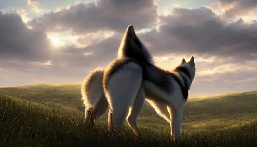 Image similar to back view of husky watching the sun sitting of the hill, clouds in the sky, hyperdetailed, artstation, cgsociety, 8 k