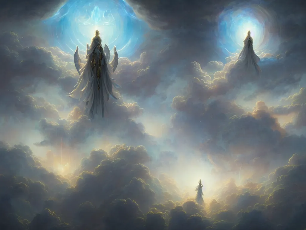 Prompt: ultra detailed matte painting of a celestial army of angels within the cosmic clouds by greg rutkowski and peter mohrbacher, volumetric lighting, depth of field.