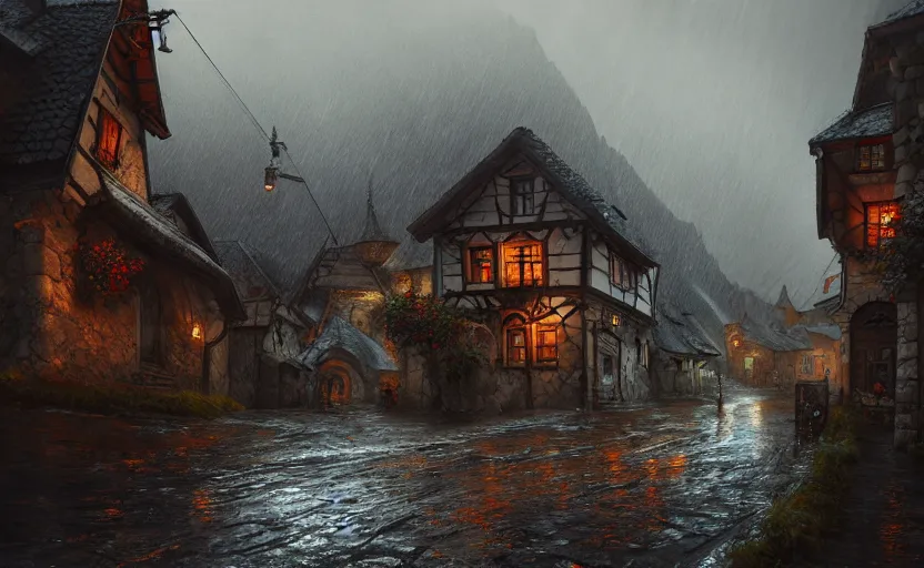Prompt: extreme long shot concept art depicted rainy old austrian village, high details, dramatic mood, deep environment, art by legends of runeterra and tomasz jedruszek and gabor szikszai, trending on artstation, unreal engine, 8 k, 4 k
