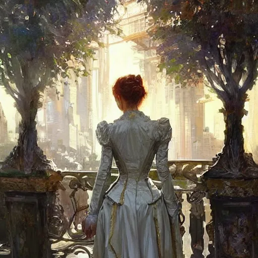 Prompt: portrait of a victorian lady in a futuristic city, from behind, streets, birds in the sky, sunlight and rays of light shining through trees, tall buildings on the sides, beautiful, solarpunk!!!, highly detailed, digital painting by Michael Garmash, Donato Giancola