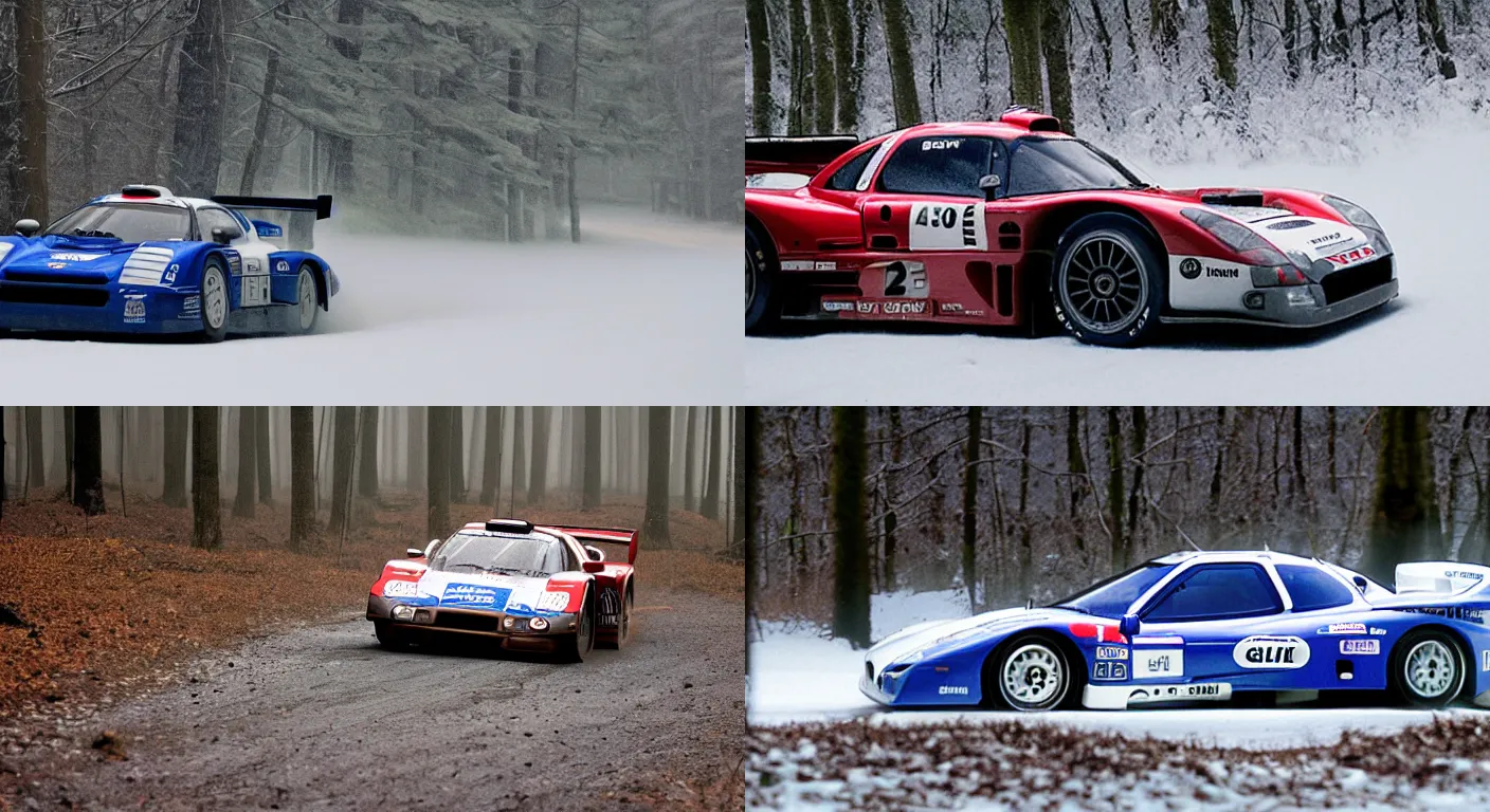 Prompt: a 1 9 9 8 nissan r 3 9 0 gt 1, racing through a rally stage in a snowy forest