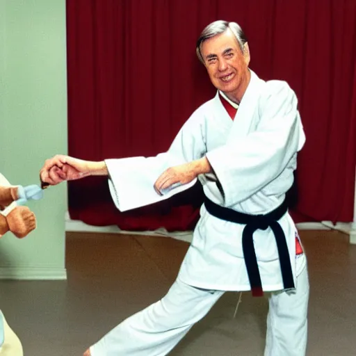 Image similar to Mr. Rogers sparring with Donald Trump in the karate style of Wado-ryu, neon karate gi