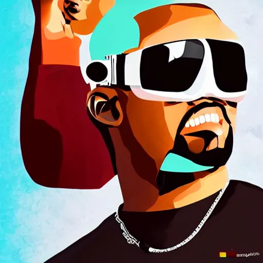 Prompt: : kanye west wearing vr goggles, shepard fairy style art, digital art, illustration, art station