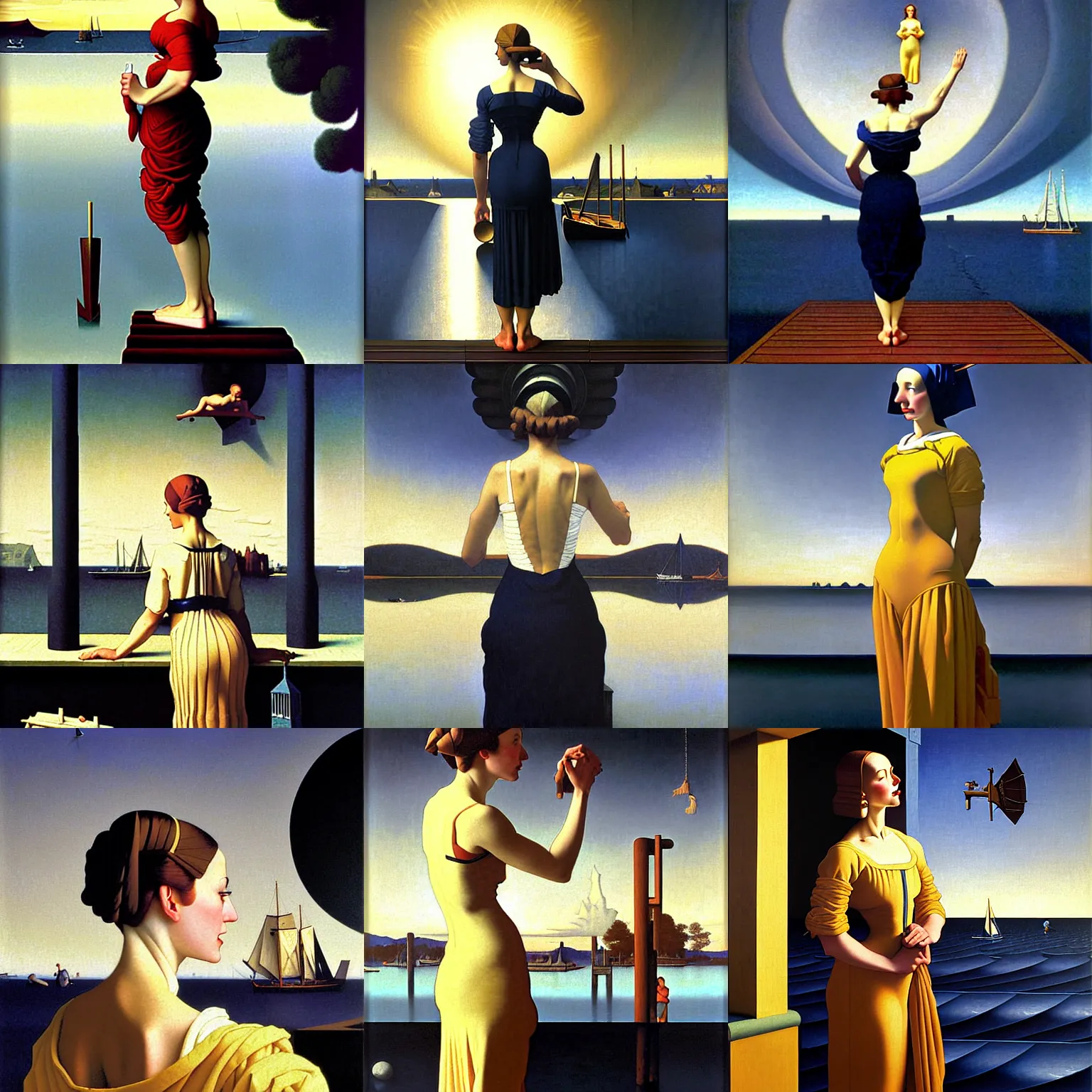Prompt: an art deco painting of a woman standing on a dock by rob gonsalves and brom and norman rockwell and johannes vermeer and william bouguereau, hyperrealism, precisionism, art deco, surrealist, chiaroscuro, sunburst behind woman, highly detailed