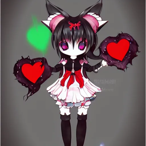 Prompt: cute fumo plush of a void imp who crawled out a hole in reality, anime girl, black and red, green ribbon and heart, ruffled and tattered dress, symmetry, gothic, melting crayons, glow, vray, vantablack