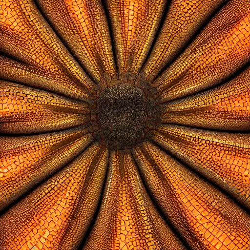 Image similar to Close-up of skin afflicted by orange dragonscale disease on the verge of bursting, digital art