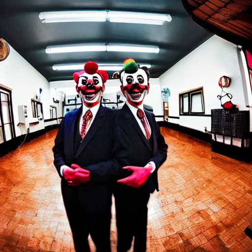 Image similar to cctv fisheye lens 35mm picture of two clowns dressed in suits looking at the camera menacingly, dramatic lighting, low res