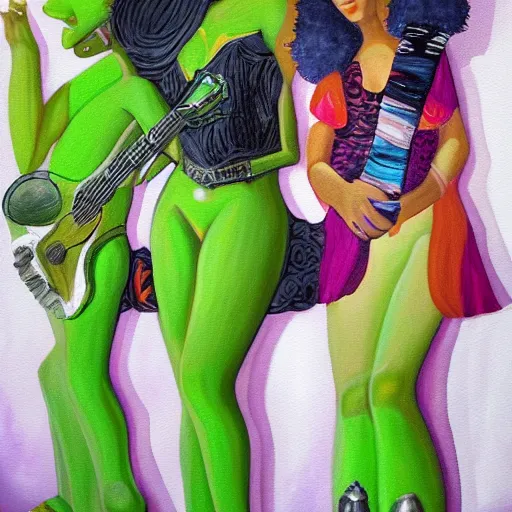 Image similar to a highly detailed painting. The musician Prince behind two beautiful twin sisters. He is green with jealousy. The sisters are happy and radiant. Trending on Artstation.