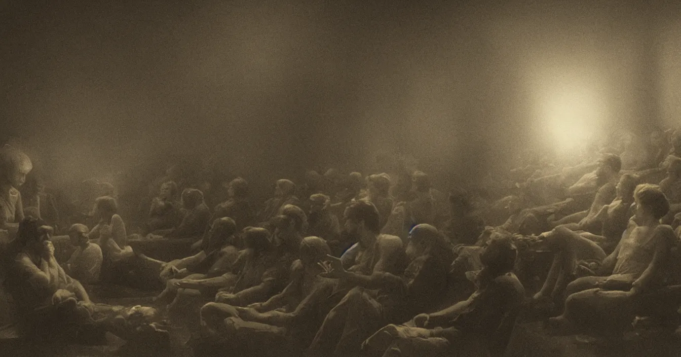 Prompt: human beings sit in the cinema and watch reflections of their lives on screen of life illusion, projecting by volumetric light of consciousness, realistic, deep sense of spirituality, visual plasticity, unreal engine quality, raytracing, vray shading, style of jean - francois millet