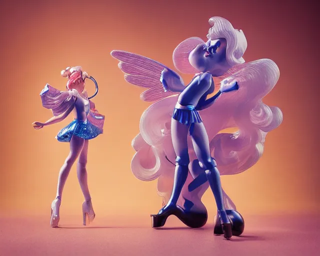 Image similar to James Jean and Ilya Kushinov isolated magical girl vinyl figure, figure photography, holographic undertones, glitter accents on figure, anime stylized, high detail, ethereal lighting - H 640