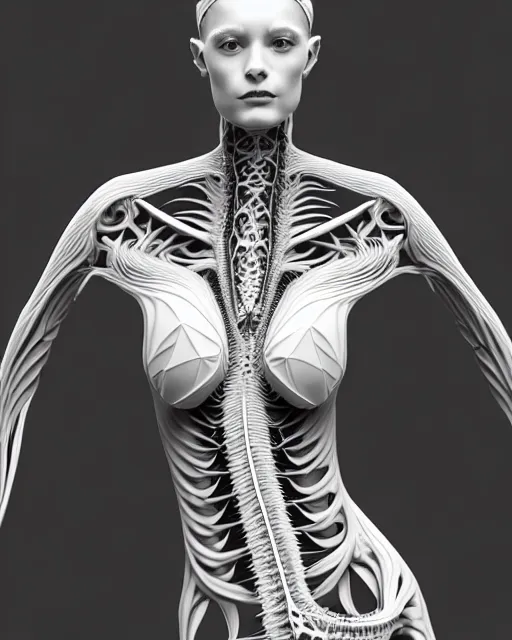 Image similar to a black and white 3D render of an elegant full figure young female angelic-dragon-cyborg with a very long neck, Mandelbrot fractal, anatomical, flesh, facial muscles, veins, arteries, full frame, microscopic, highly detailed, flesh ornate, elegant, high fashion, rim light, 150 mm lens, octane render in the style of H.R. Giger and Man Ray, Realistic, Refined, Digital Art, Highly Detailed, Cinematic Lighting, rim light, photo-realistic Unreal Engine, 8K