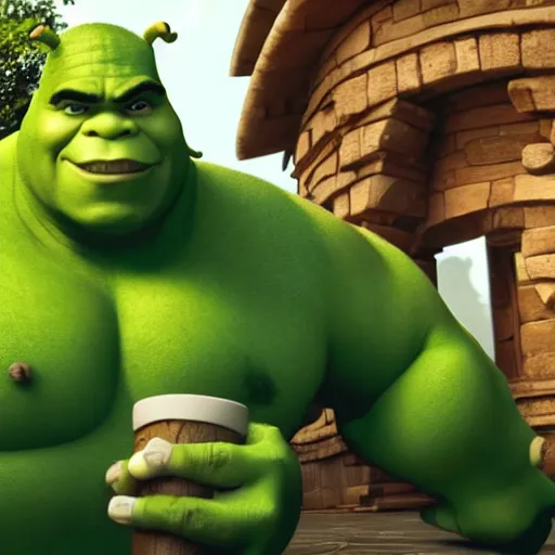 Image similar to shrek and the hulk are best friends, wide shot, dramatic lighting, octane render, hyperrealistic, HD