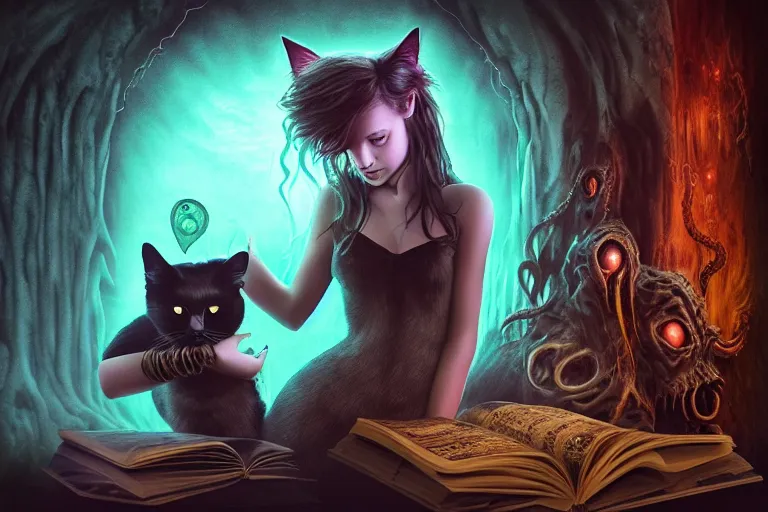 Prompt: romantic photo of bright girl, her cat and her book of necronomicon, symmetrical, cinematic, real dlsr photography, sharp focus, 4 k, ultra hd, sense of awe, sinister demonic atmosphere, dreadful, forbidden knowledge, old gods, cthulhu, yog - sothoth! yah, yah, yah! cultist journal cover