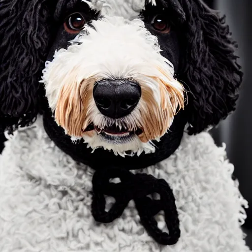 Image similar to a closeup photorealistic photograph of a cute smiling knitted bernedoodle judge dog dressed in a black gown, presiding over the courthouse. indoor image, professional capture, well lit shot. this 4 k hd image is trending on artstation, featured on behance, well - rendered, extra crisp, features intricate detail, epic composition and the style of unreal engine.