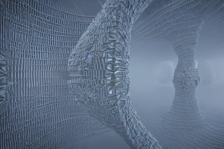 Image similar to a complex organic fractal 3 d ceramic humanoid megastructure, cinematic shot, foggy, photo still from movie by denis villeneuve