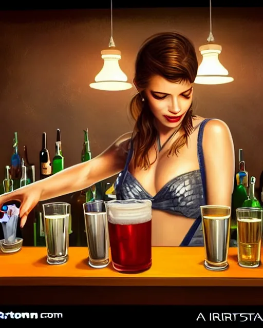 Image similar to a photo of an alligator serving drinks at a bar, fine - face, realistic shaded, fine details. realistic shaded lighting, artgerm, trending on art station