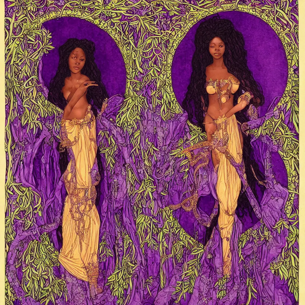 Prompt: : Singlular stunning Art Nouveau african goddess standing in a portal doorway with a purple mystical garden behind her in the by Elisabeth Sonrel, intricate, beautiful, artstation 8k, high resolution