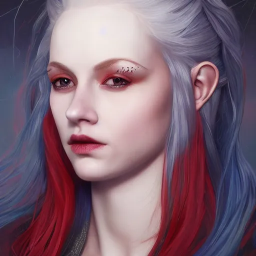 Image similar to A detailed matte oil on canvas head on symmetrical portrait of a distinguished elven woman with red and blue hair on an empty background, by Charlie bowater, Lise Deharme, Wlop, trending on artstationhd, dungeons and dragons art, parted hair , half blue, half red , split dye, critical role