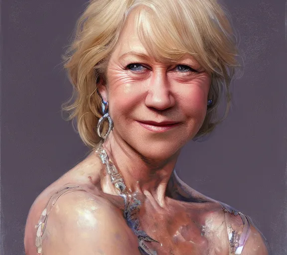 Image similar to a hyper-detailed portrait of Helen Mirren by Craig Mullins; oil on canvas; trending on artstation; 90mm; f/1.4