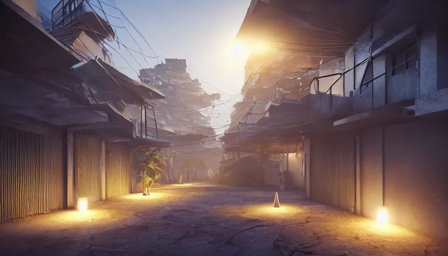 Image similar to Bright Thin Pillars Shoot out of cracks in the ground and illuminate it in a glow, Futuristic Favela, Hyperrealistic Rendering, Photorealism, Raytracing, Anamorphic Lens, Artstation