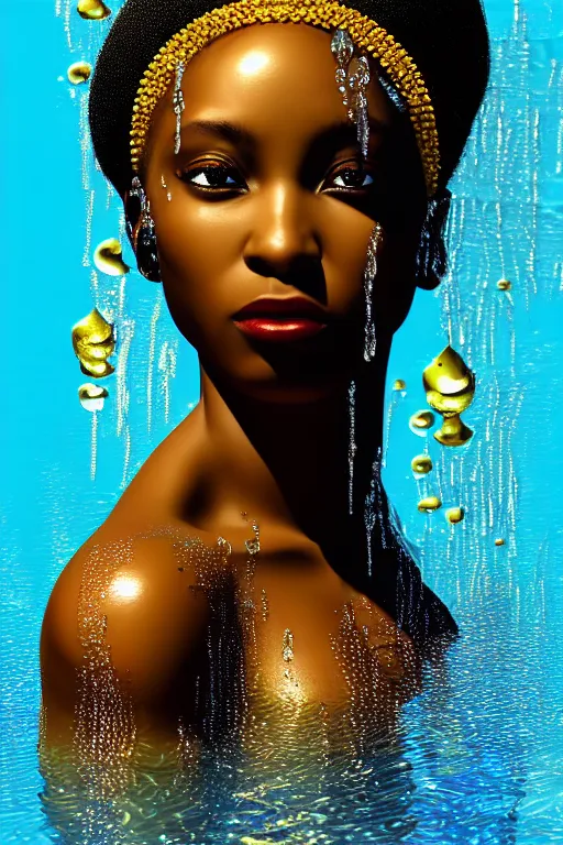 Image similar to hyperrealistic precisionist cinematic profile very expressive! black oshun goddess, in water! up to shoulders, mirror dripping droplet!, gold flowers, highly detailed face, digital art masterpiece, smooth eric zener cam de leon, dramatic pearlescent turquoise light on one side, low angle uhd 8 k, shallow depth of field