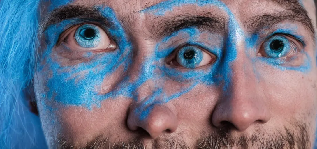 Image similar to fish eye lens close up photograph of a man with blue skin and a goatee side eyeing the camera with a sympathetic look