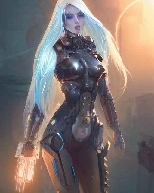 Image similar to holy cyborg necromancer girl, elegant, scifi, futuristic, utopia, garden, illustration, atmosphere, top lighting, blue eyes, white hair, focused, artstation, highly detailed, art by yuhong ding and chengwei pan and serafleur and ina wong