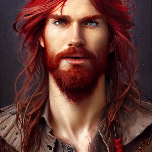 Image similar to portrait of a young ruggedly handsome but joyful pirate, male, masculine, upper body, red crimson hair, long flowing hair, fantasy, wide smirk, intricate, elegant, highly detailed, digital painting, artstation, concept art, matte, sharp focus, illustration, art by artgerm and greg rutkowski and alphonse mucha